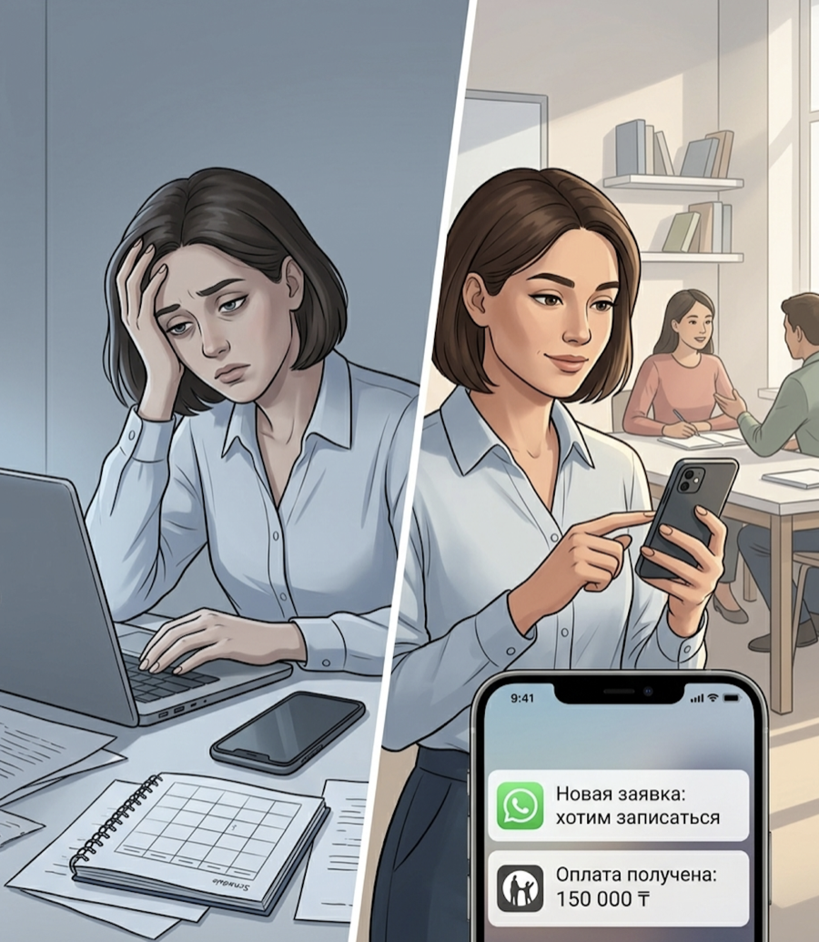 Сравнение владельца языковой школы до и после внедрения системы Grow Up